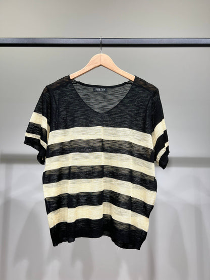 Camiseta jaspeada fina, motivo marinero, escote en V, 25% lino, 20% Tencel