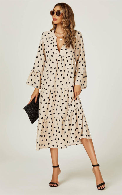 Vestido midi tipo túnica con estampado de puntos relajado en beige