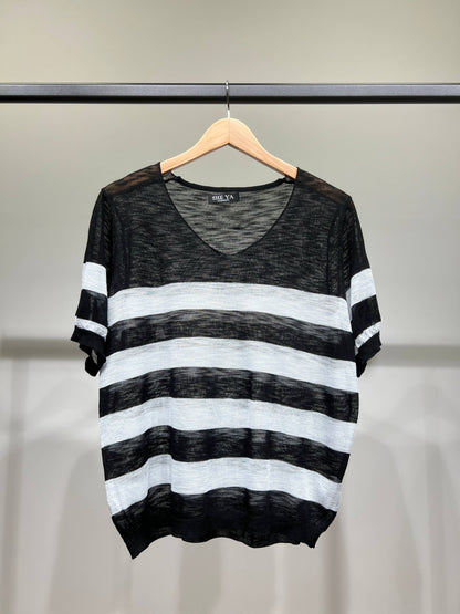 Camiseta jaspeada fina, motivo marinero, escote en V, 25% lino, 20% Tencel