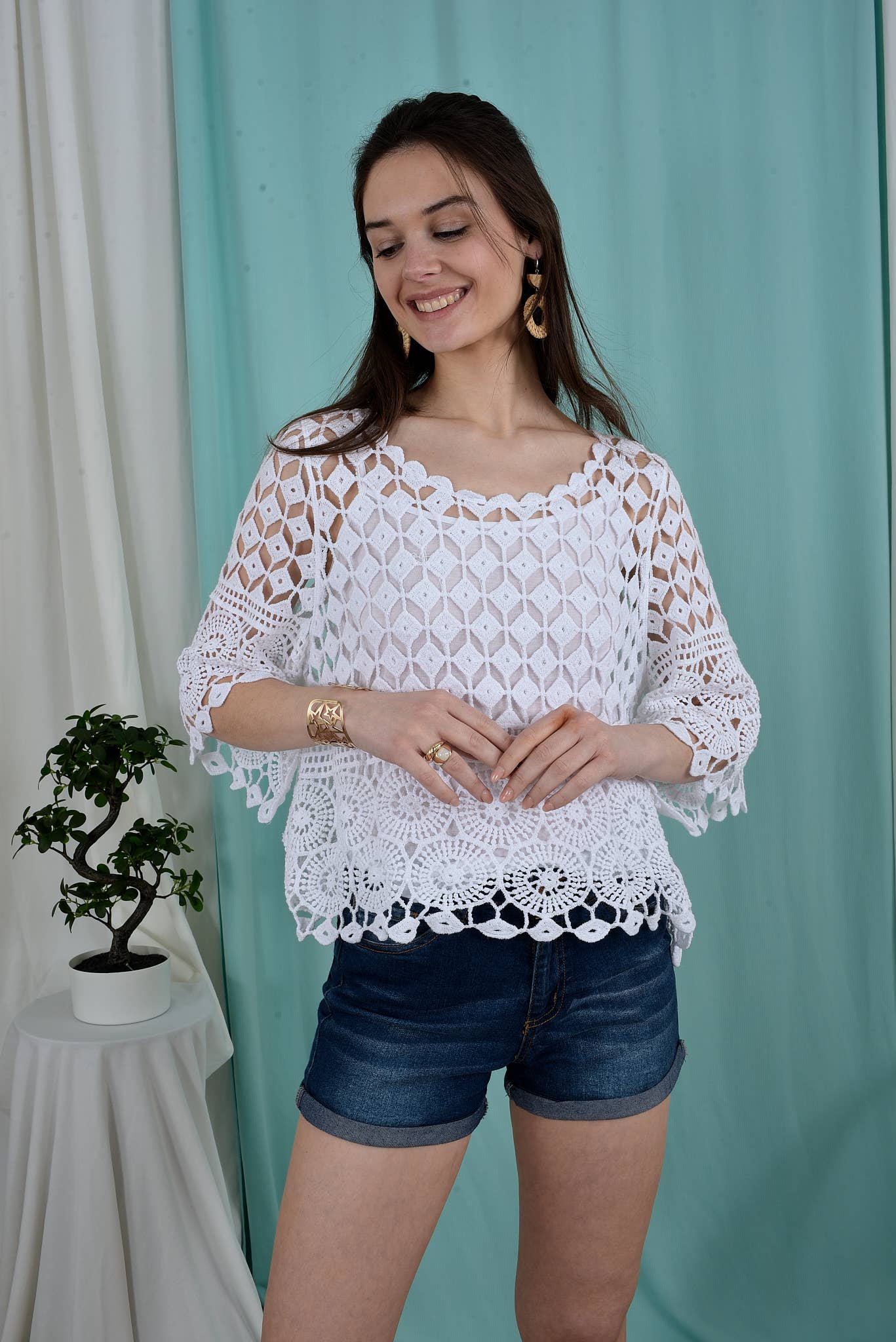 Top de encaje con camiseta sin mangas SLV-T360: BLANCO / Talla única