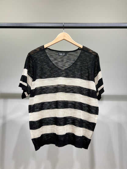 Camiseta jaspeada fina, motivo marinero, escote en V, 25% lino, 20% Tencel
