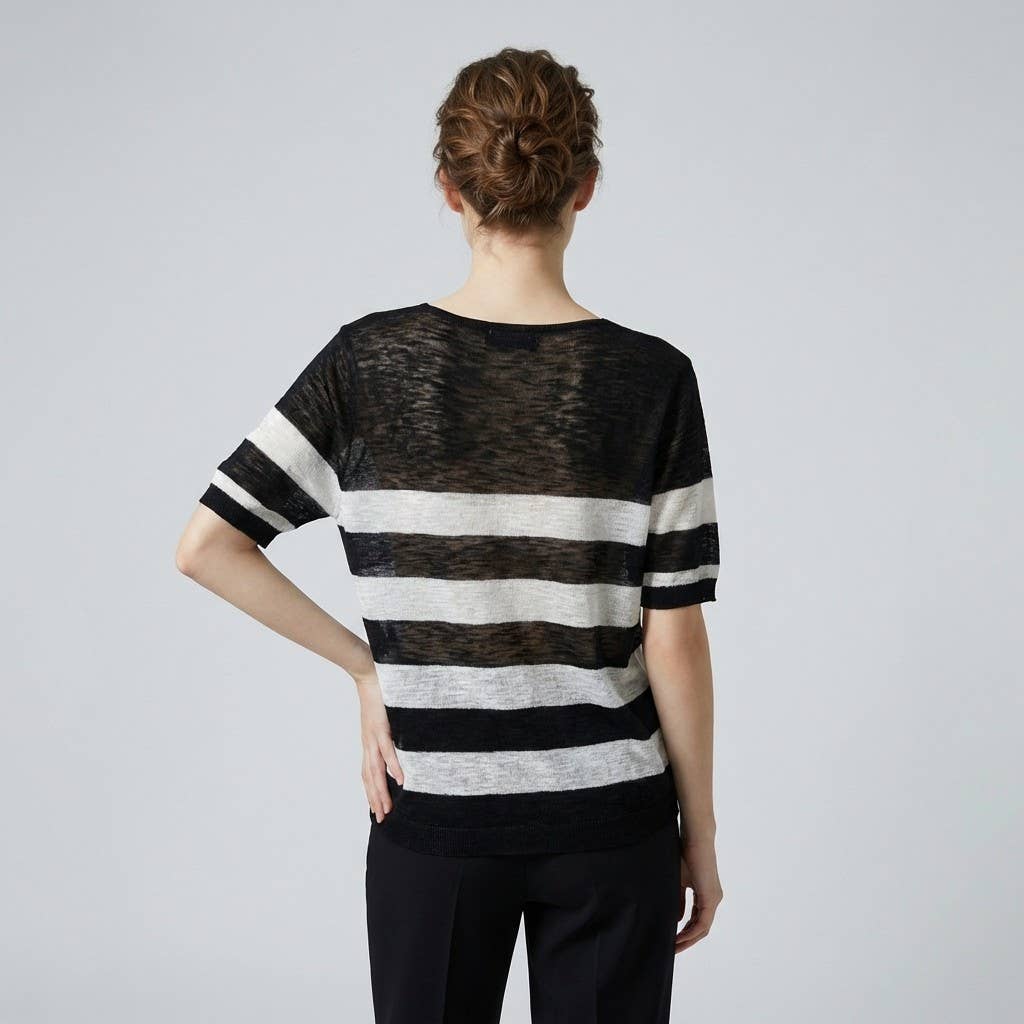 Camiseta jaspeada fina, motivo marinero, escote en V, 25% lino, 20% Tencel