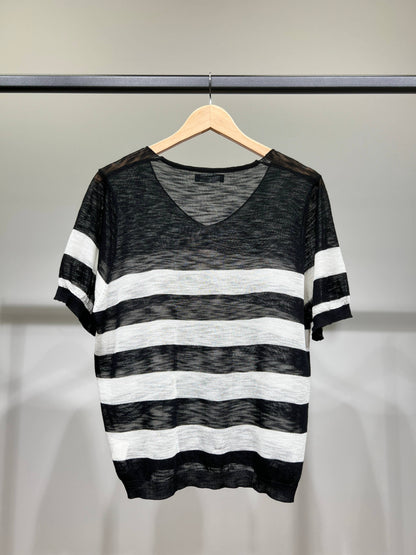 Camiseta jaspeada fina, motivo marinero, escote en V, 25% lino, 20% Tencel