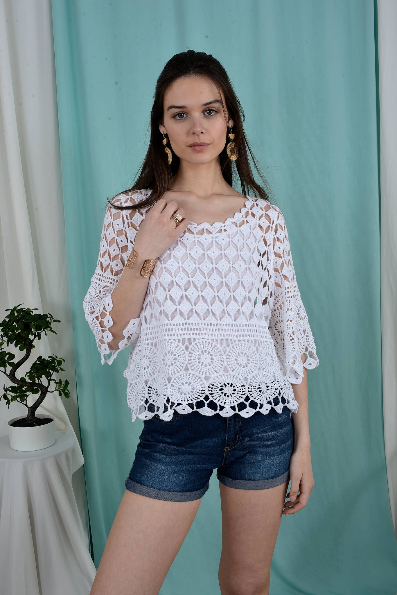 Top de encaje con camiseta sin mangas SLV-T360: AZUL CIELO / Talla única