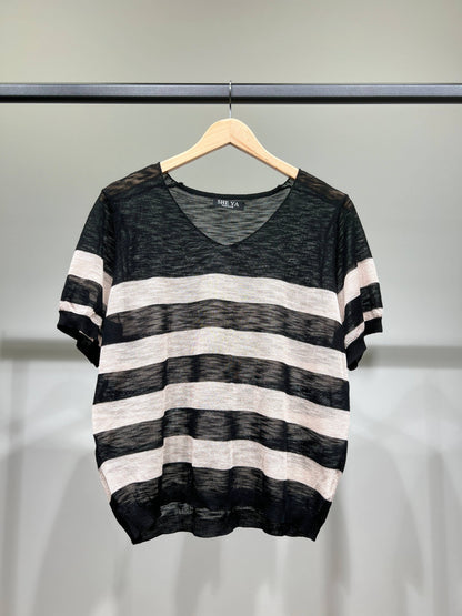 Camiseta jaspeada fina, motivo marinero, escote en V, 25% lino, 20% Tencel