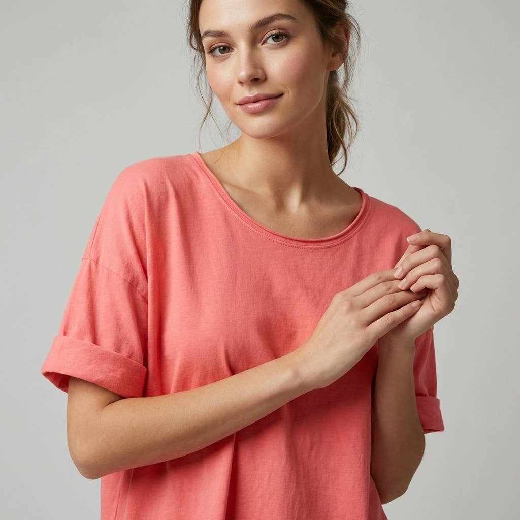 Camiseta ligera sencilla de cuello redondo con aberturas laterales 100% algodón