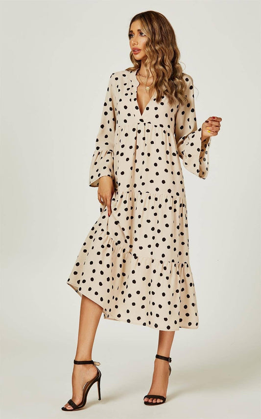 Vestido midi tipo túnica con estampado de puntos relajado en beige