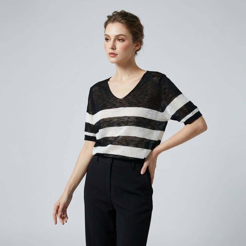 Camiseta jaspeada fina, motivo marinero, escote en V, 25% lino, 20% Tencel