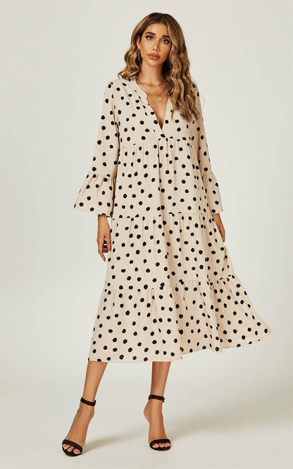 Vestido midi tipo túnica con estampado de puntos relajado en beige