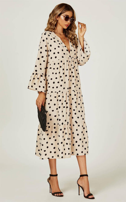 Vestido midi tipo túnica con estampado de puntos relajado en beige