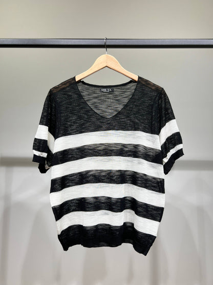 Camiseta jaspeada fina, motivo marinero, escote en V, 25% lino, 20% Tencel